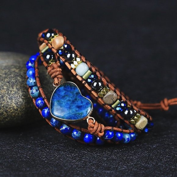 Natural Blue Apatite Stone Beaded Bracelet Heart Charm Leather Wrapped Bracelet - Picture 3 of 3
